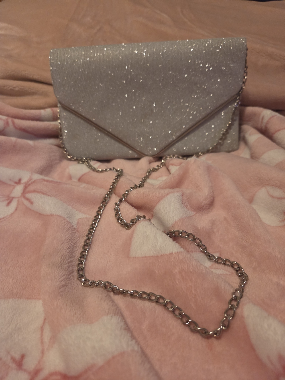 Sparkle Envelope Clutch Bag with Chain Strap - Silver